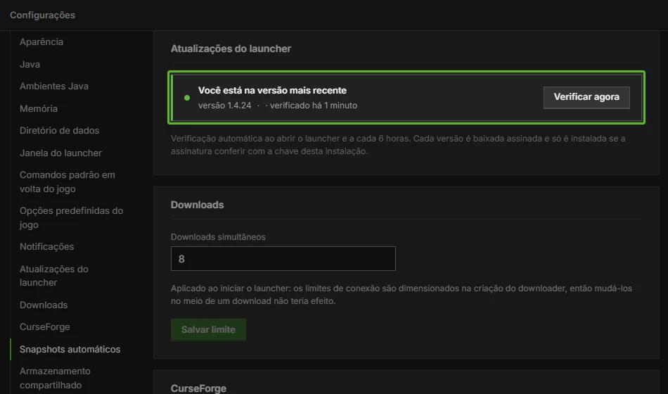 Configurações do DromorCraft na seção Atualizações do launcher, mostrando a versão instalada e o botão Verificar agora