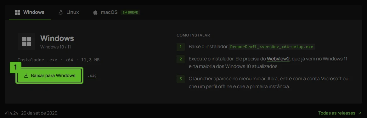 Página de download do DromorCraft com o botão Baixar para Windows e os passos de instalação