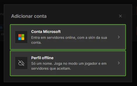 Diálogo Adicionar conta do DromorCraft com as opções Conta Microsoft e Perfil offline