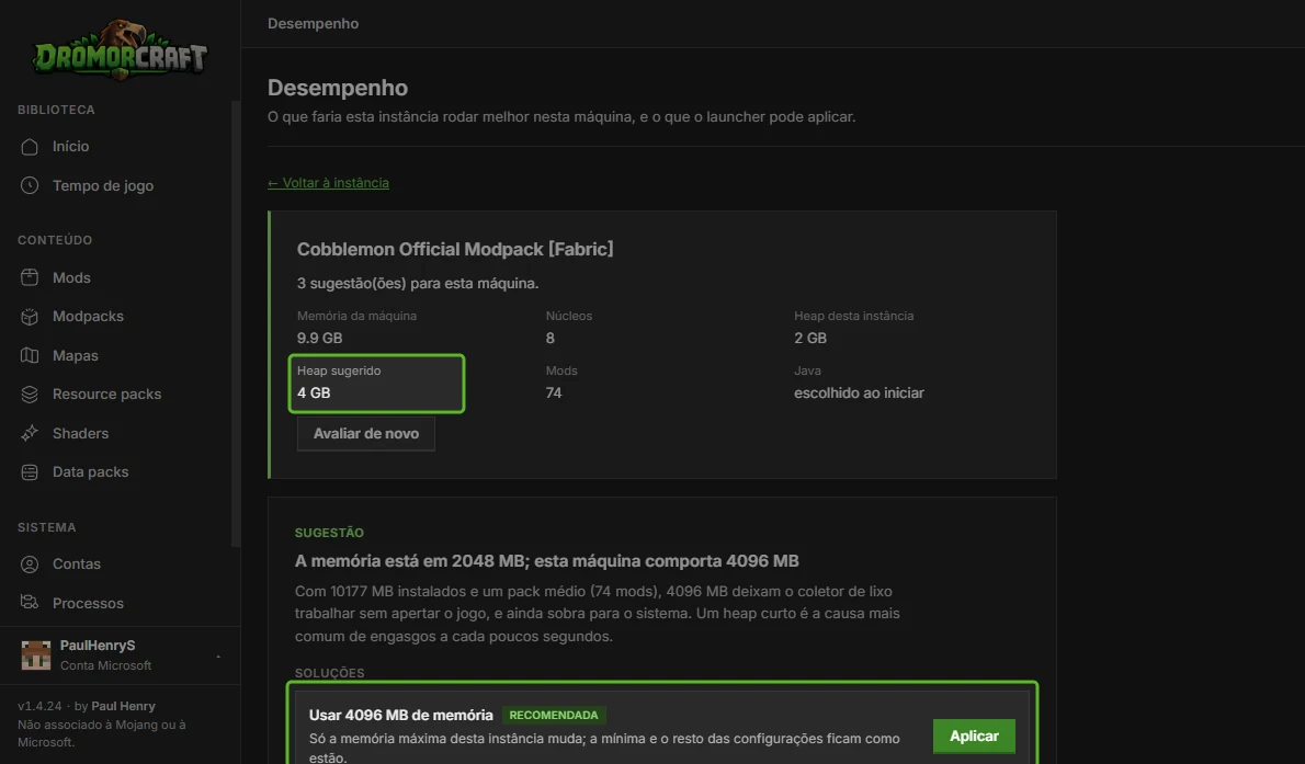 Verificação de desempenho do DromorCraft sugerindo 4096 MB de memória para um modpack com 74 mods