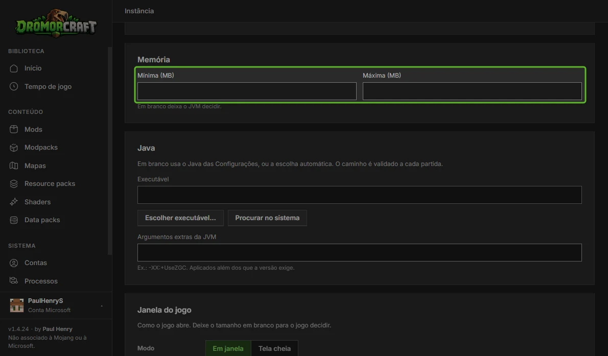 Configurações de memória mínima e máxima e de Java de uma instância no DromorCraft Launcher