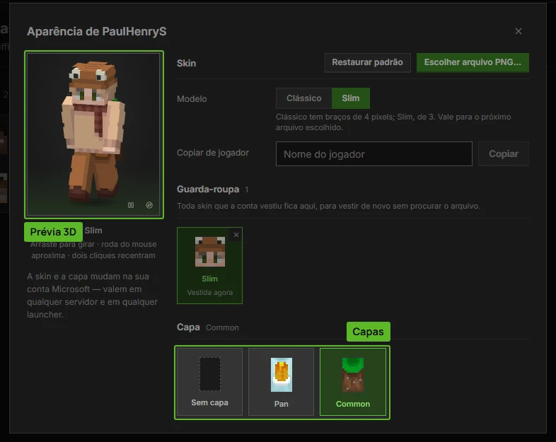 Diálogo Aparência do DromorCraft com a prévia 3D da skin, o guarda-roupa e a escolha de capa