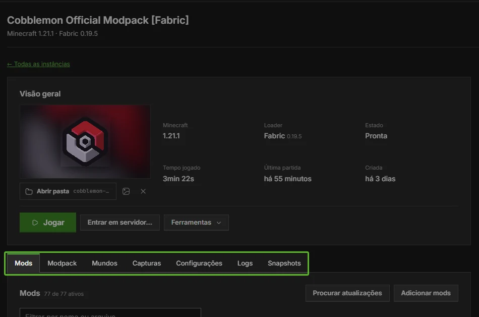 Tela de uma instância no DromorCraft com versão, loader, tempo jogado e as abas Mods, Modpack, Mundos, Capturas, Configurações, Logs e Snapshots
