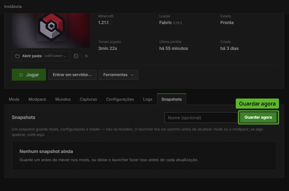 Aba Snapshots de uma instância no DromorCraft, com o botão Guardar agora