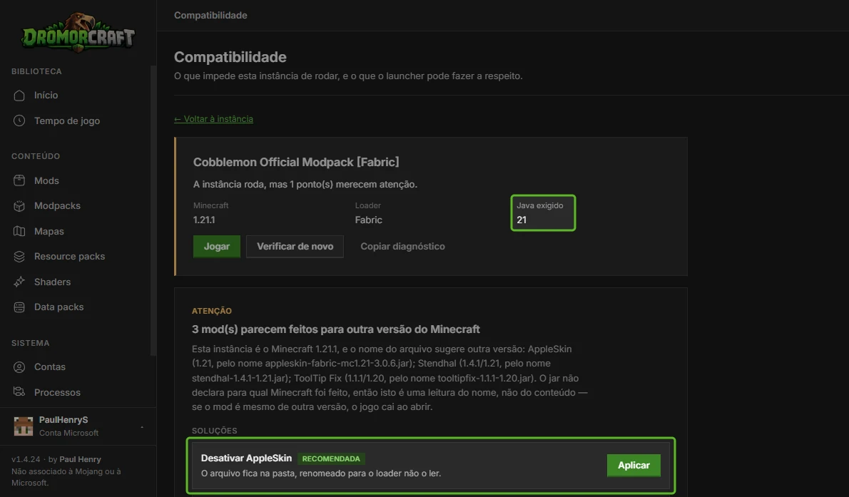 Tela Compatibilidade do DromorCraft mostrando o Java exigido e um aviso com a correção em um botão