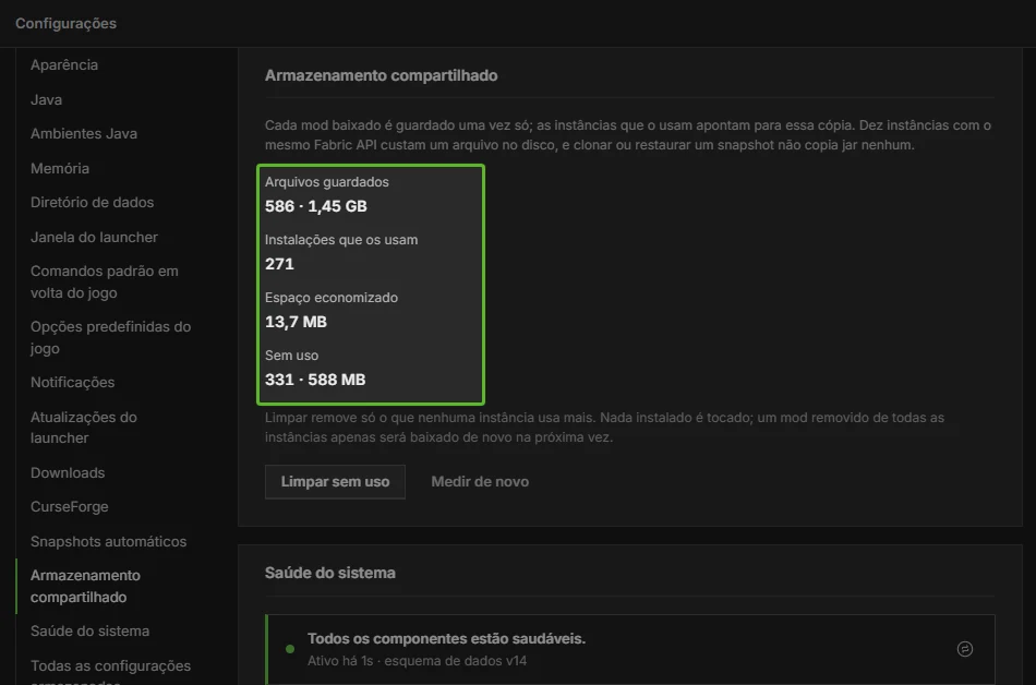 Seção Armazenamento compartilhado das configurações do DromorCraft com arquivos guardados, instalações que os usam e espaço economizado