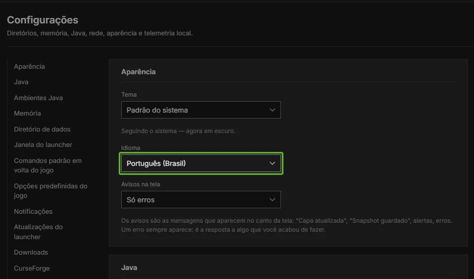 Configurações do DromorCraft com o idioma Português (Brasil) e o tema escolhidos