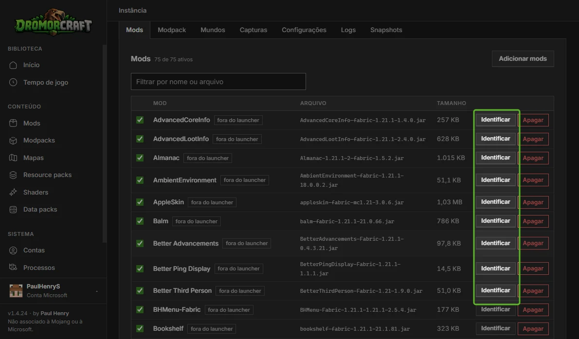 Table of mods for an instance in DromorCraft, with mods placed by hand and the Identify button