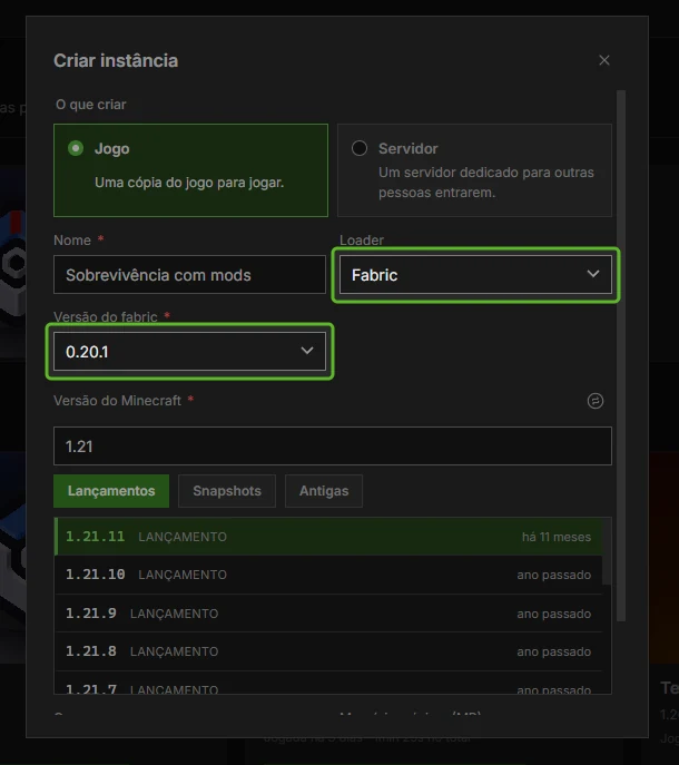 Dialogue Create DromorCraft instance with selected Fabric loader and Minecraft 1.21.11