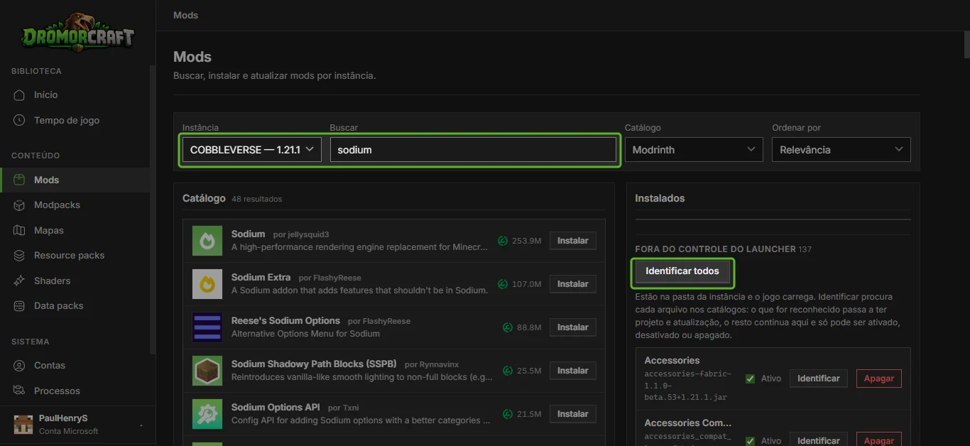 DromorCraft Launcher mods catalog: instance selection and search for Sodium on Modrinth, with loose mods to identify