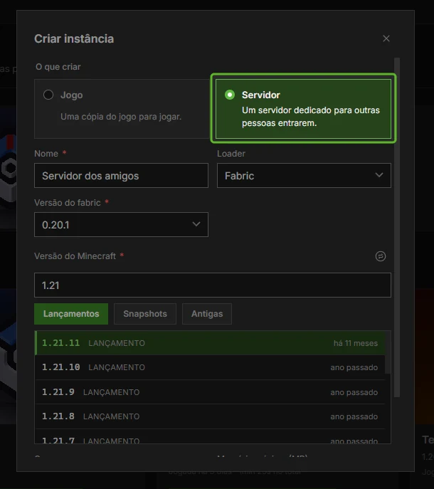 Diálogo Criar instância do DromorCraft com a opção Servidor marcada e o loader Fabric