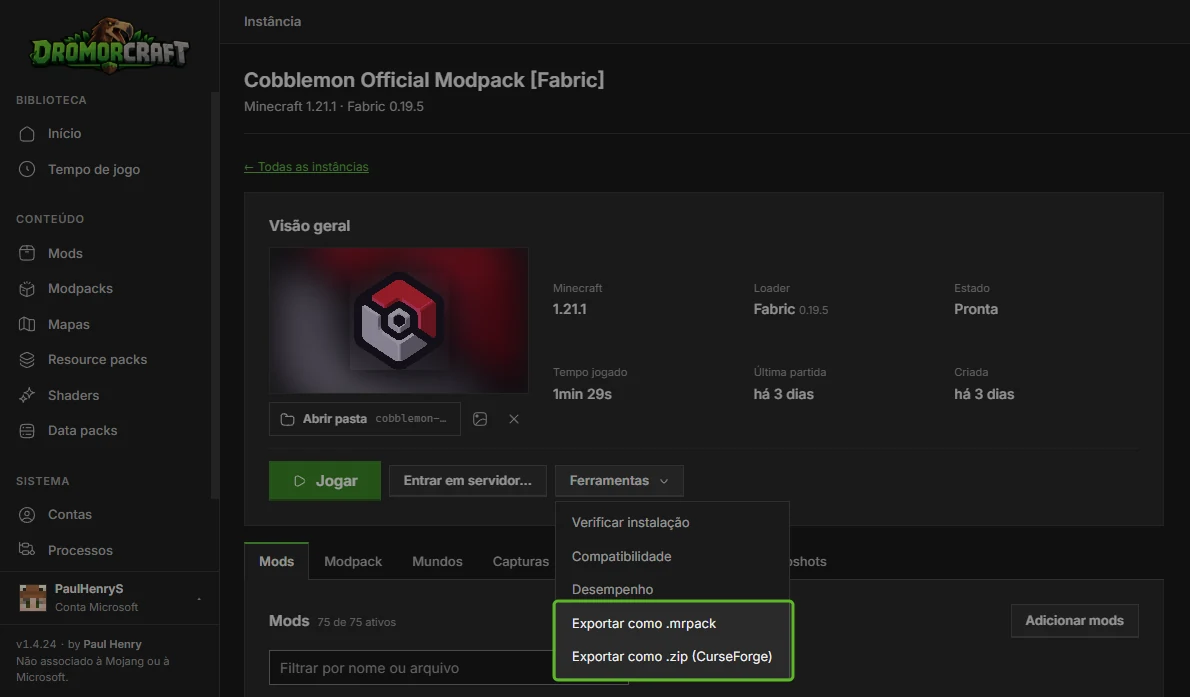 Menu Ferramentas de uma instância do DromorCraft com as opções Exportar como .mrpack e Exportar como .zip (CurseForge)